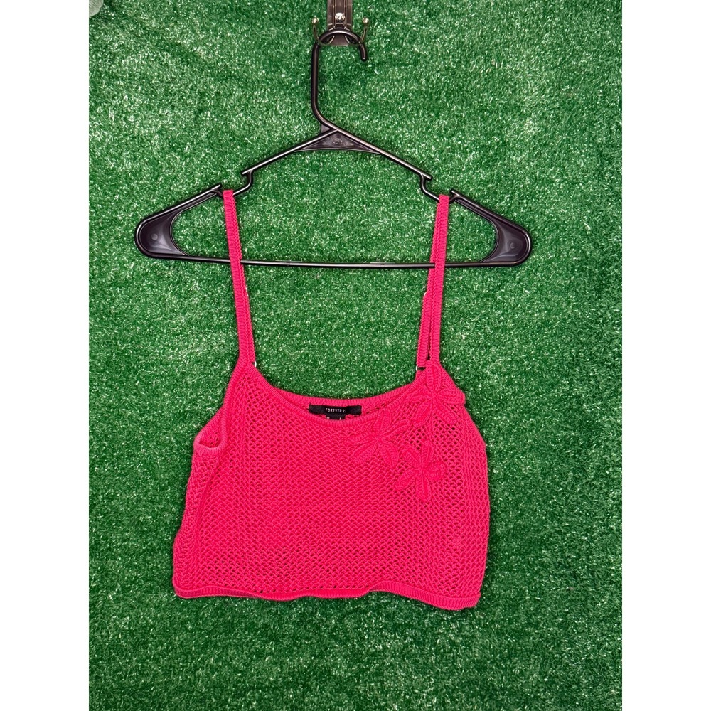 Forever 21 Pink Crochet Floral Crop Tank Top Size Small Y2K Boho